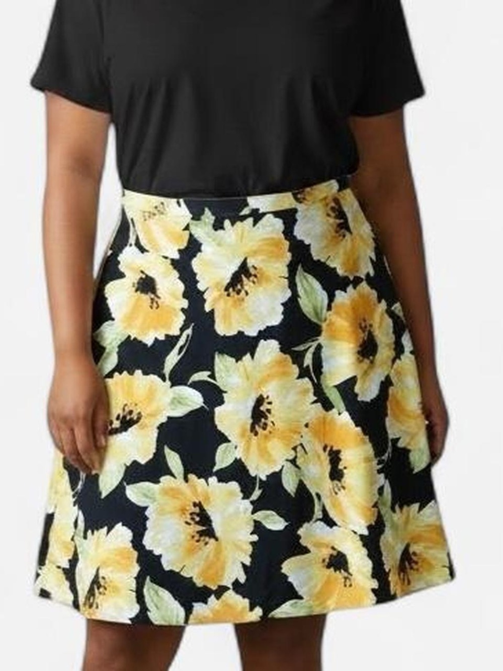Vintage Black Yellow Bold Floral A-line Midi Skirt sz 18
